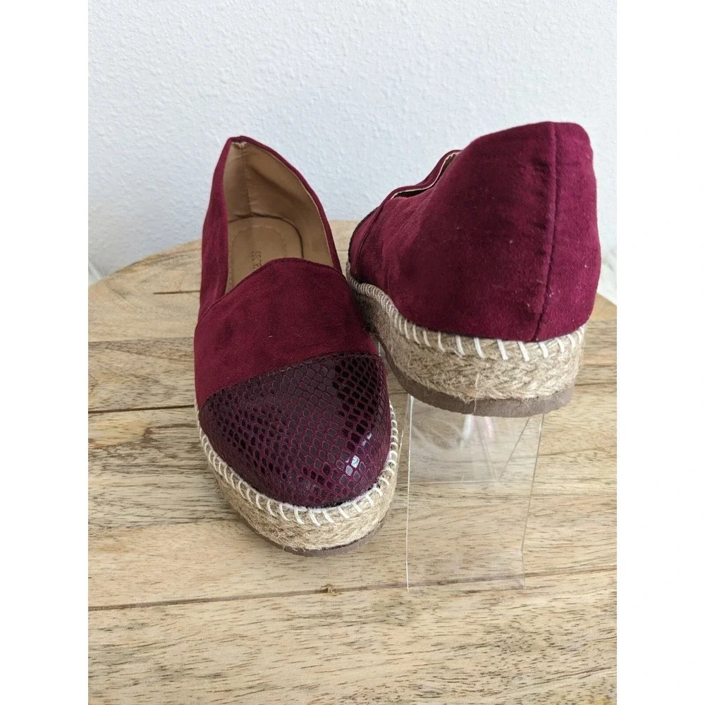 Womens Burgundy‎ Faux Suede Embossed Cap Toe Espadrille Flats Shoes 10 NEW Lq
